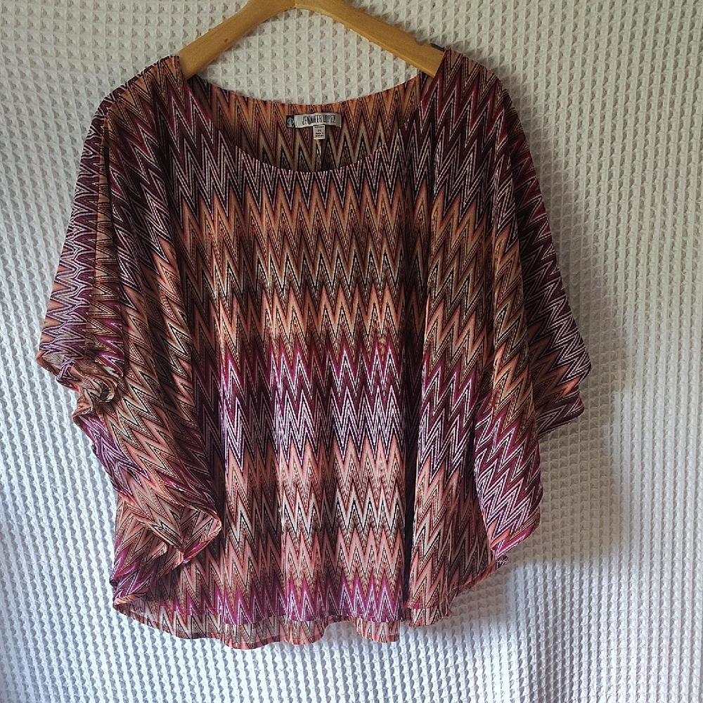 Jennifer Lopez Zigzag Blouse in Pink and Brown Dolman Sleeved 2XL Semi Sheer